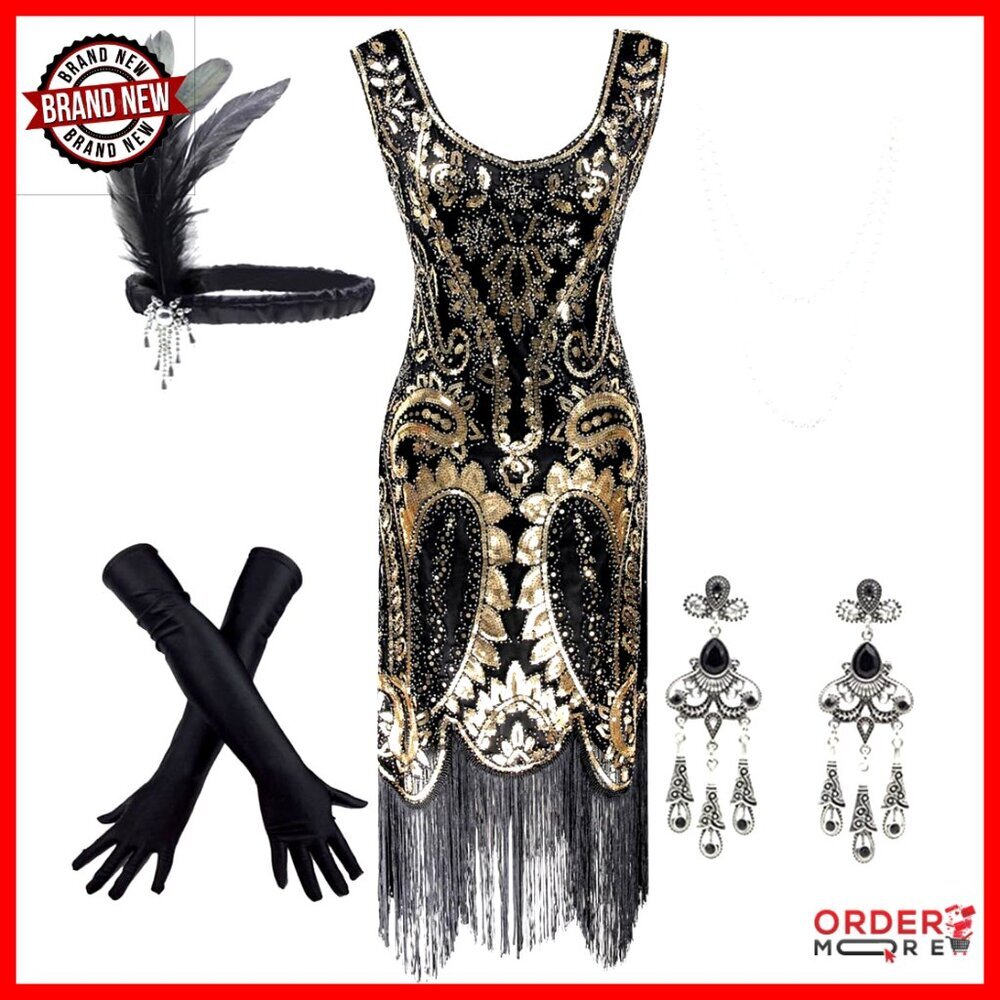 Vintage 1920s Sequin Beaded Flapper Dress with Accessories Set